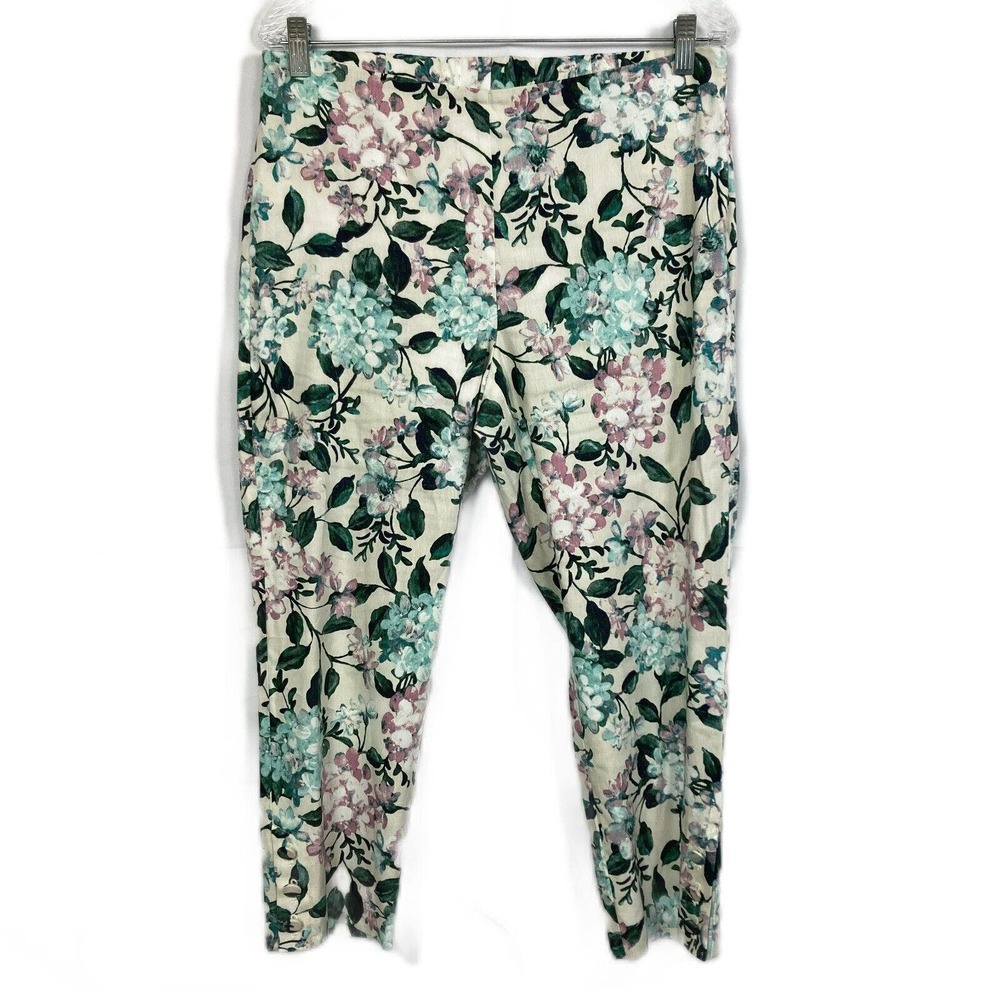 J. Jill Linen Pants Womens Sz MP Petite Stretch Dressy White Blue‎ Purple Floral